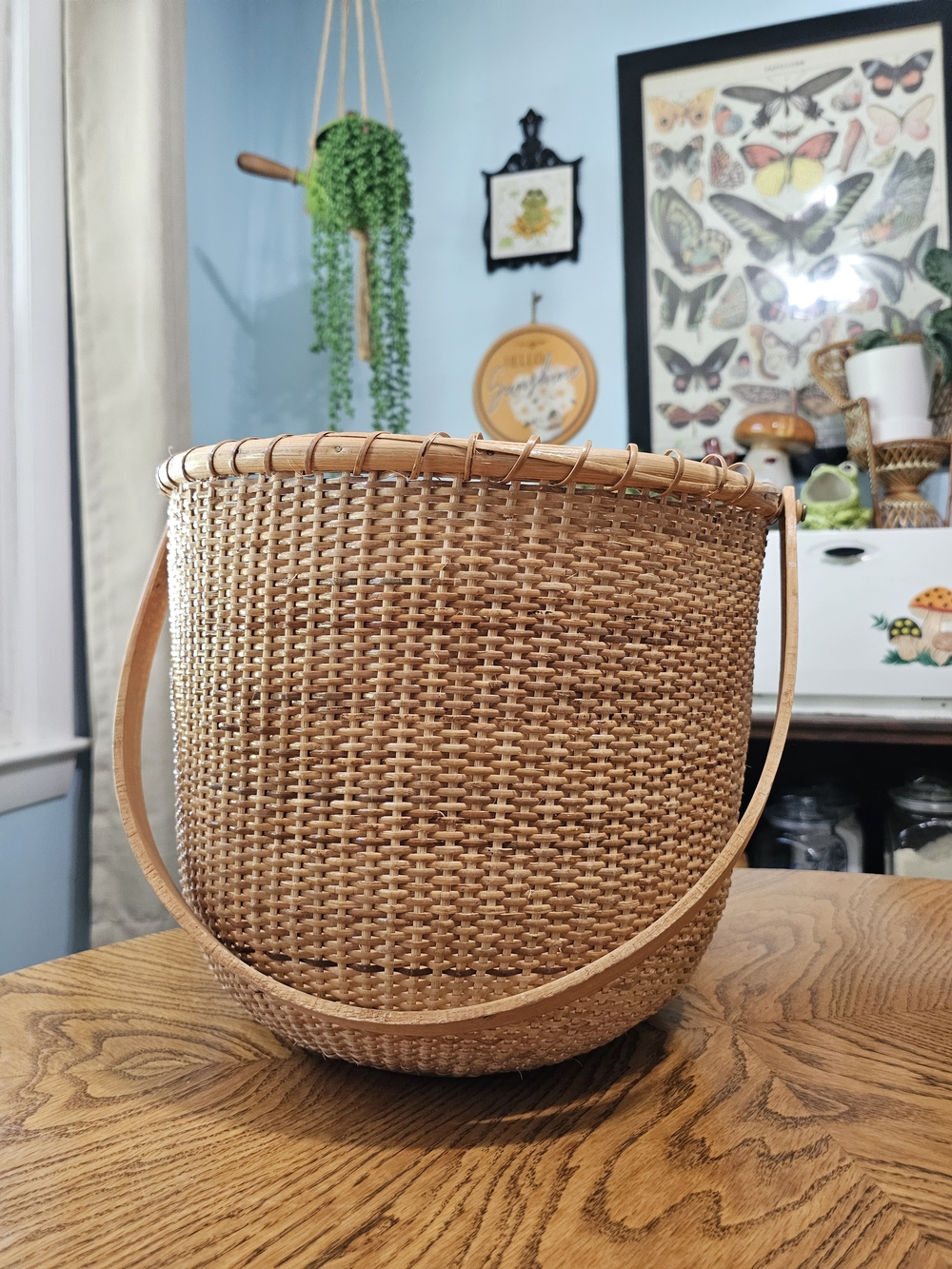Rare Antique Nantucket Basket Swing Handle Round Large Nautical Cane Farmhouse